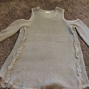 grey open shoulder sweater